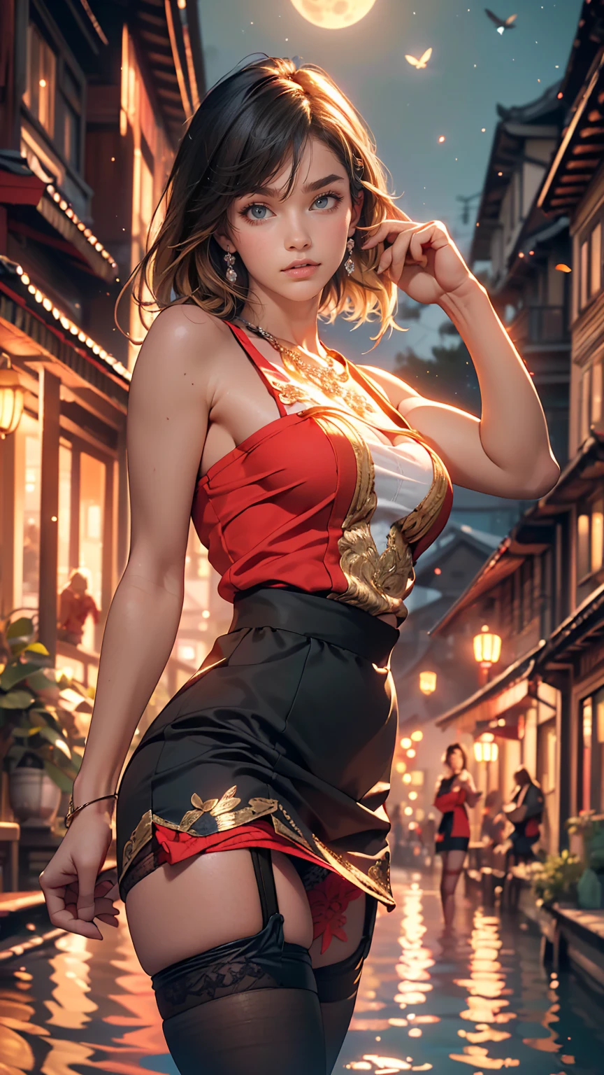 (high quality, 8k, original character), (fact: 1.5), (masterpiece, 最high quality, High resolution: 1.2), girl, summer night, (Stockings Smooth texture: 1.5), Sexy Skirt, Delicate eyes, Delicate image, boat, river, To the camera, Behind her is a large lotus flower., moonlight, Wind, fire Fly
