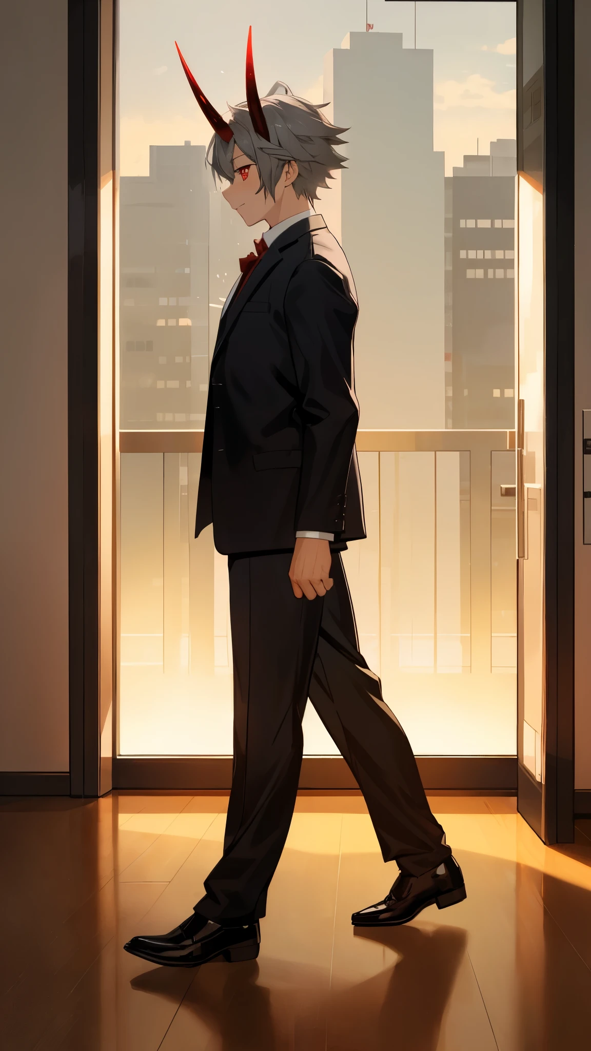1 boy, red eyes eyes,gray hair ,red demon horn, office outfit, walking,view from the side,golden light from the floor full body