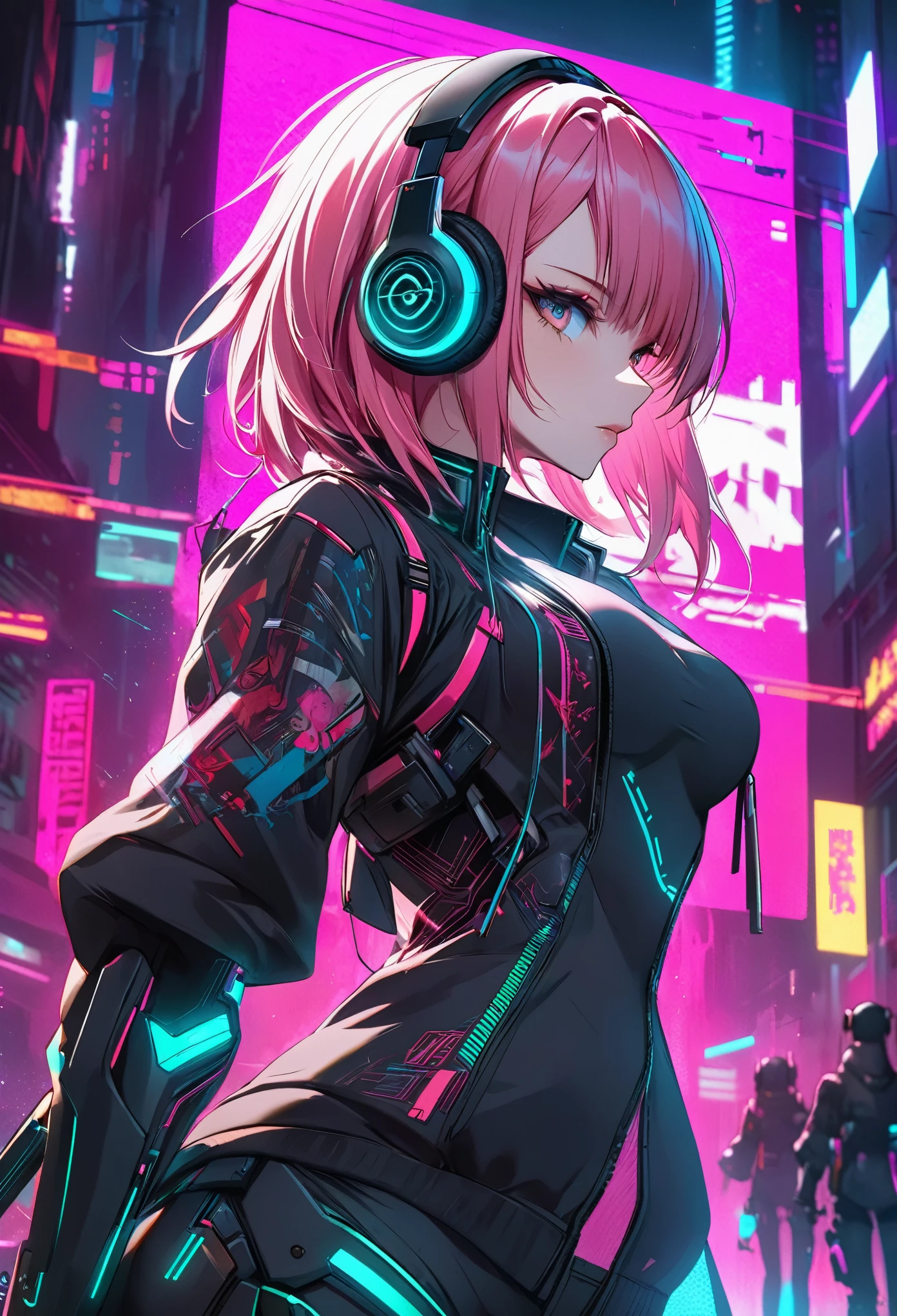 anime girl with pink hair and headphones in front of a neon background, cyberpunk anime girl, best anime 4k konachan wallpaper, digital cyberpunk anime art, anime cyberpunk art, digital cyberpunk - anime art, female cyberpunk anime girl, cyberpunk anime girl mech, anime style 4 k, perfect android girl, cyberpunk anime art, modern cyberpunk anime, anime cyberpunk, nightcore