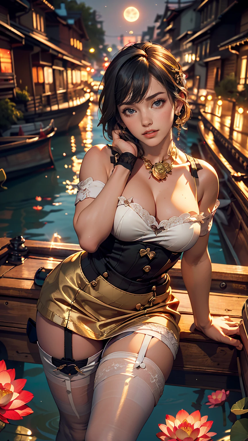 (high quality, 8k, original character), (fact: 1.5), (masterpiece, 最high quality, High resolution: 1.2), girl, summer night, (Stockings Smooth texture: 1.5), Sexy Skirt, Delicate eyes, Delicate image, boat, river, To the camera, Behind her is a large lotus flower., moonlight, Wind, fire Fly