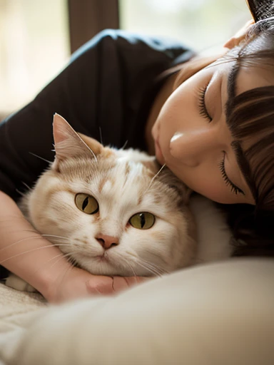 masterpiece, 最high quality, so beautiful, Absurd, up to date,Close-up of a cat lying on a girl's head, Beautiful fine details, Beautifully detailed nose, Beautiful and detailed mouth, Very fine fur, Soft and fluffy, Adorable, Playful, Curious look, Long Hair Girl, Girl looking up at cat, Intricate details, high quality, 8k, Realistic, masterpiece, Natural light, Warm tones