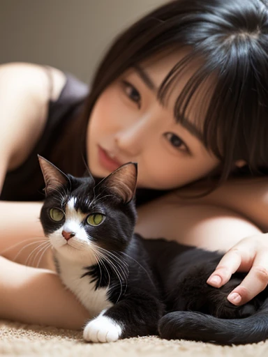masterpiece, 最high quality, so beautiful, Absurd, up to date,Close-up of a cat lying on a girl&#39;s head, Beautiful fine details, Beautifully detailed nose, Beautiful and detailed mouth, Very fine fur, Soft and fluffy, Adorable, Playful, Curious look, Long Hair Girl, Girl looking up at cat, Intricate details, high quality, 8k, Realistic, masterpiece, Natural light, Warm tones