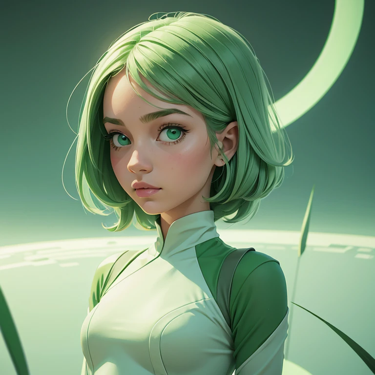 Girl in Green and White Pastel Dreamlike Whimsy Cool Futuristic Minimalism