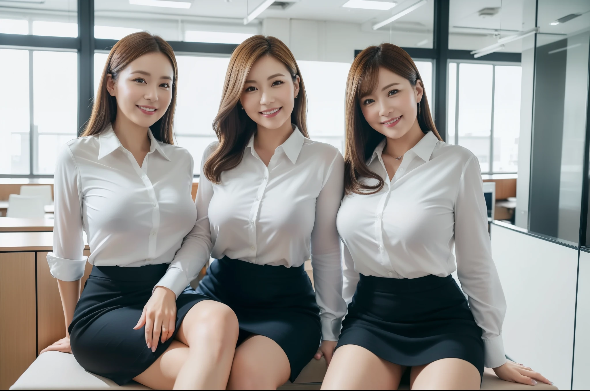 ((Best Quality, 8k, Masterpiecedetails, ultra-high resolution)), (looking at the viewer), (full shot:), attractive business 5 milfs, 5 people, a bit chubby:0.25, white collared shirt, grey skirt, (sitting with cross legs on office desks)), smile, office of CEO,