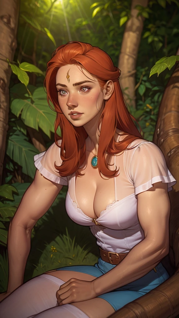 a woman in jungle clothing is sitting on a tree branch, zenoscope, J. Scott Campbell, J.. Scott Campbell, queen of the J.ungle, gorgeous J.ungle ranger, mulher das cavernas, inspirado em Mark Brooks, karol bak uhd, J.ames edmiston, estilo ivan talavera e artgerm, Rainha amazona, Rainha Fey da Floresta de Verãoa close up of a woman with sardas on her face, sardento pale skin, with sardas, light sardas, light cute sardas, very light sardas, hint of sardas, elegant sardas, sardento, ginger hair with sardas, cute sardas, red hair and sardas, sardas, sardas!!!, soft sardas, sardento face, rosy cheeks with sardas, white sardas