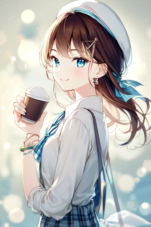 -First Love, One girl, alone, jewelry, Plaid dress, View Viewer, cup, earrings, Have, blue eyes, Long Hair, coffee cup, Plaid, shirt, disposable cup, Holding, sign, ring, hair ornaments, Holding cup, Long sleeve, Brown Hair, Upper Body, dress, neck ribbon, ribbon, bangs, Mouth closed, smile, white shirt, Yellow nails, Hair Clip, Manicure, From the side, aqua ribbon, Blurred background, beret, Plaid shirt, blue ribbon, Blurred, Brown hat, bag, chest, Plaid headwear, bracelet