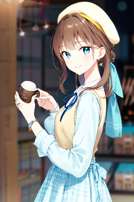 -First Love, One girl, alone, jewelry, Plaid dress, View Viewer, cup, earrings, Have, blue eyes, Long Hair, coffee cup, Plaid, shirt, disposable cup, Holding, sign, ring, hair ornaments, Holding cup, Long sleeve, Brown Hair, Upper Body, dress, neck ribbon, ribbon, bangs, Mouth closed, smile, white shirt, Yellow nails, Hair Clip, Manicure, From the side, aqua ribbon, Blurred background, beret, Plaid shirt, blue ribbon, Blurred, Brown hat, bag, chest, Plaid headwear, bracelet