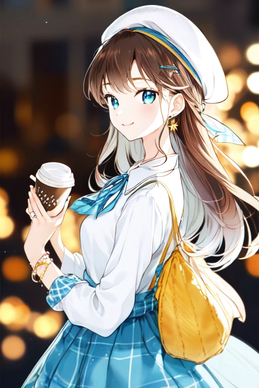 -First Love, One girl, alone, jewelry, Plaid dress, View Viewer, cup, earrings, Have, blue eyes, Long Hair, coffee cup, Plaid, shirt, disposable cup, Holding, sign, ring, hair ornaments, Holding cup, Long sleeve, Brown Hair, Upper Body, dress, neck ribbon, ribbon, bangs, Mouth closed, smile, white shirt, Yellow nails, Hair Clip, Manicure, From the side, aqua ribbon, Blurred background, beret, Plaid shirt, blue ribbon, Blurred, Brown hat, bag, chest, Plaid headwear, bracelet