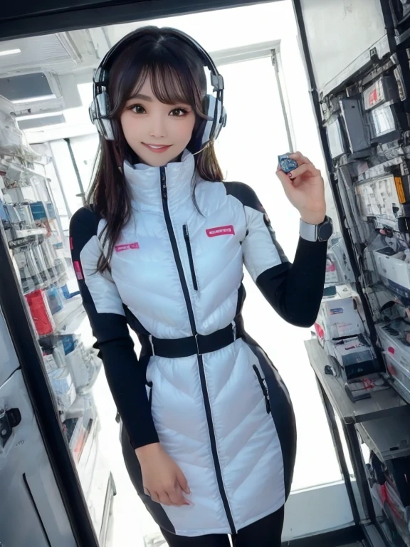 masterpiece, highest quality, Very detailed, 8K Portrait,Japanese Android Girl,plump , Control panel,Robotic arms and legs, Blunt bangs,,break (Metallic Gray, Metallic luster, Mirror finish, Astro Best):5,headphone:5,break (Black sleeves):100,Smart Watches,Futuristic space station,Control Room,break headphone,blue eyes,(Black Hair):2,(Long Hair):1.3,View the viewer,(respirator),break blush:3,Hidden Hand,smile