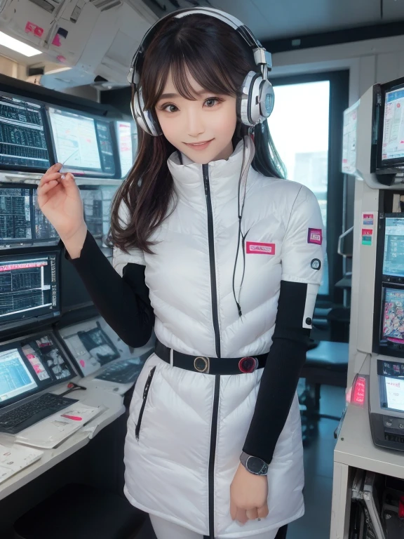 masterpiece, highest quality, Very detailed, 8K Portrait,Japanese Android Girl,plump , Control panel,Robotic arms and legs, Blunt bangs,,break (Metallic Gray, Metallic luster, Mirror finish, Astro Best):5,headphone:5,break (Black sleeves):100,Smart Watches,Futuristic space station,Control Room,break headphone,blue eyes,(Black Hair):2,(Long Hair):1.3,View the viewer,(respirator),break blush:3,Hidden Hand,smile