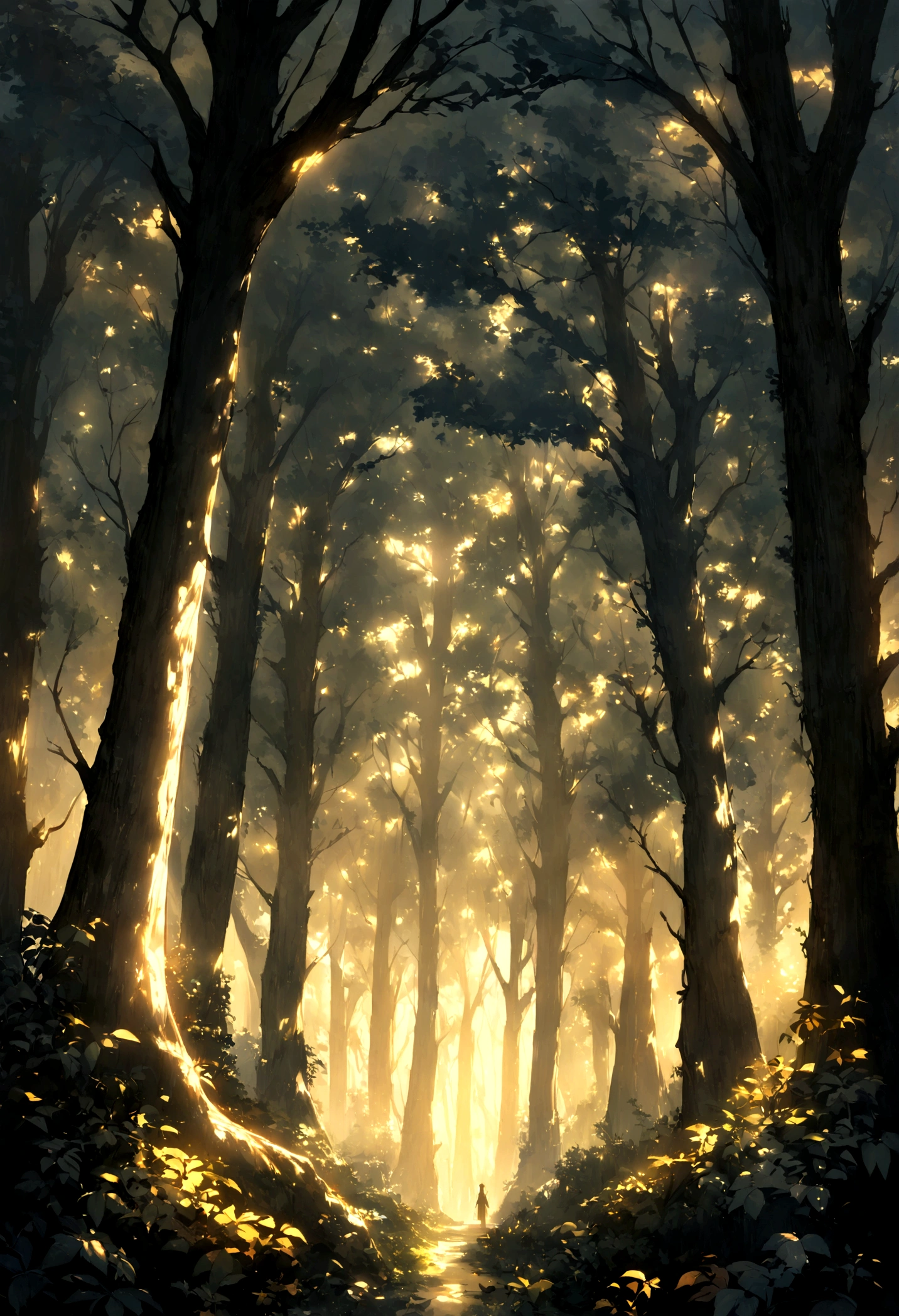 Create a stunning piece of digital art，Capture the tranquil beauty of an ancient forest at dusk. The scene should feature towering trees bathed in soft, Golden light shines through the leaves, Casts soft shadows on dense bushes. The image should evoke a sense of serenity and wonder, Immerse viewers in the fascinating world of nature.