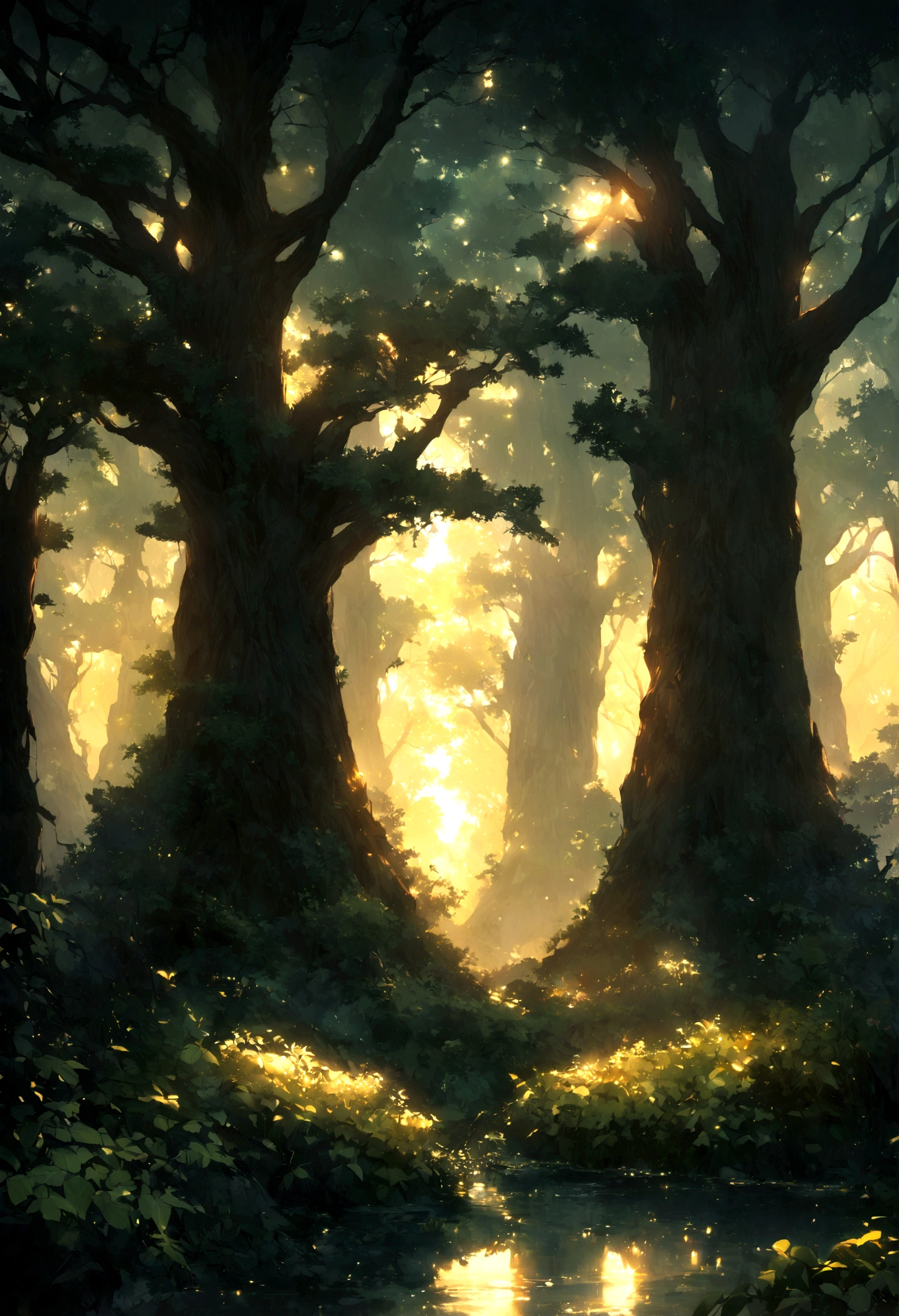 Create a stunning piece of digital art，Capture the tranquil beauty of an ancient forest at dusk. The scene should feature towering trees bathed in soft, Golden light shines through the leaves, Casts soft shadows on dense bushes. The image should evoke a sense of serenity and wonder, Immerse viewers in the fascinating world of nature.