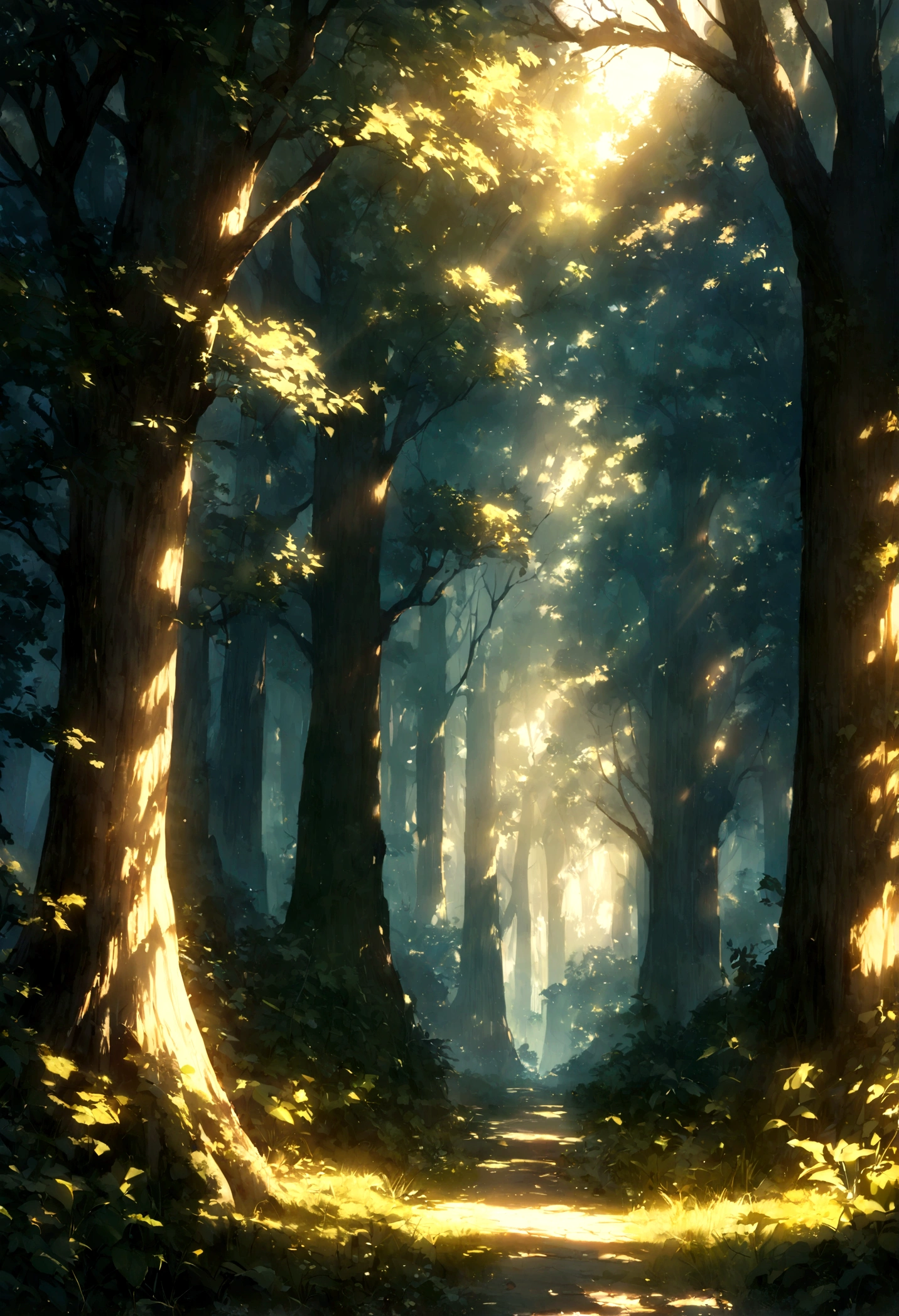 Create a stunning piece of digital art，Capture the tranquil beauty of an ancient forest at dusk. The scene should feature towering trees bathed in soft, Golden light shines through the leaves, Casts soft shadows on dense bushes. The image should evoke a sense of serenity and wonder, Immerse viewers in the fascinating world of nature.