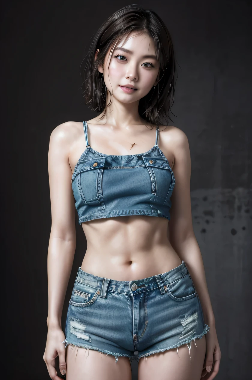 The beauty of 8K raw photos:2.0, Japanese woman, short hair, beautiful face and dark eyes, looking up, looking at the viewer:1.5, big smile, wet hair, tiny top, put hands on the hip, (denim shorts:1.2), shinny skin, realistic:1.9, very detailed, cowboy shot from bottom:1.2, High resolution RAW color photos, professional photos, mono color wallpaper, standing,