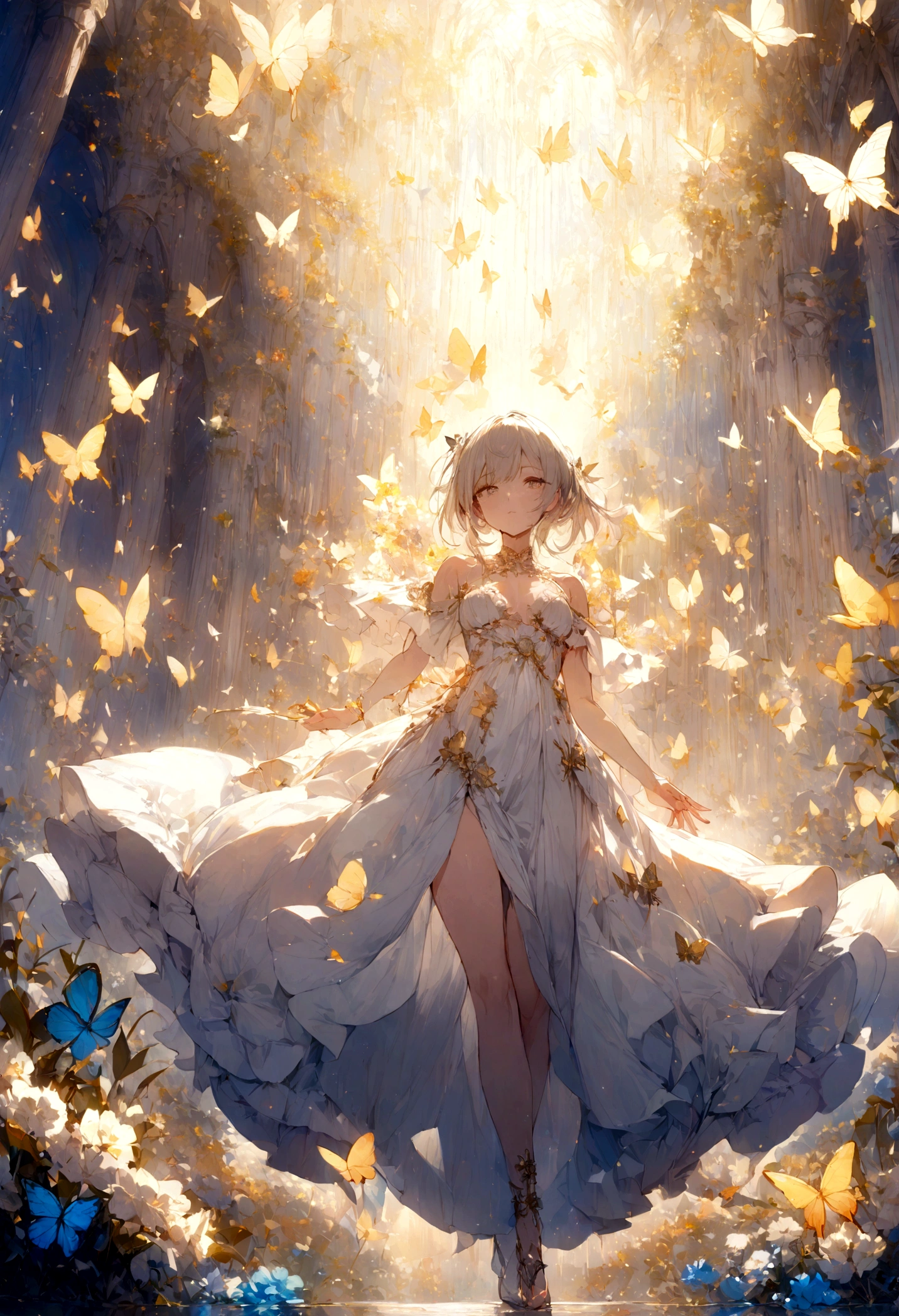 1girl, solo, flowers, white dress, glowing, shimmering, butterflies, heaven, detailed illustration, masterpiece, best quality, ultra detailed, ,butterfly style,