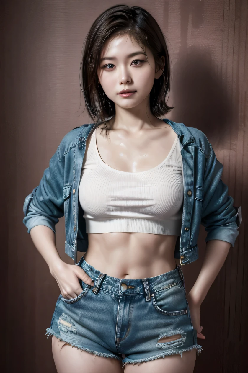 The beauty of 8K raw photos:2.0, Japanese woman, short hair, beautiful face and dark eyes, looking up, looking at the viewer:1.5, big smile, wet hair, tiny top, put hands on the hip, (denim shorts:1.2), shinny skin, realistic:1.9, very detailed, cowboy shot from bottom:1.2, High resolution RAW color photos, professional photos, mono color wallpaper, standing,