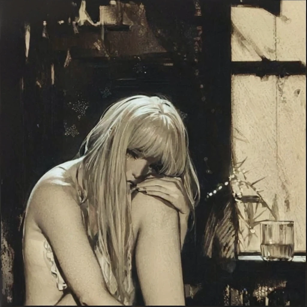 Drawing of a woman, sitting in front of the window, resting his head on his hands, Hans Ernie, jeffrey jones, Eddie Campbell, Liepke, by Romain Brooks, Carl Critchlow. capricious, by Sándor Bortnyik, Young woman, sad scene, João Rua, Portrait of the Sorrowful, Andrew Robinson, she's got her head down on her knee and she's crying.
