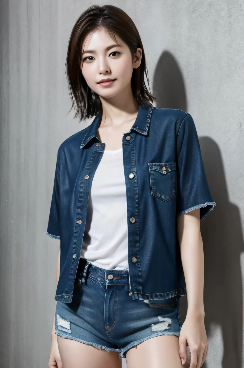 The beauty of 8K raw photos:2.0, Japanese woman, short hair, beautiful face and dark eyes, looking up, looking at the viewer:1.5, big smile, wet hair, tiny top, put hands on the hip, (denim shorts:1.2), shinny skin, realistic:1.9, very detailed, cowboy shot from bottom:1.2, High resolution RAW color photos, professional photos, mono color wallpaper, standing,