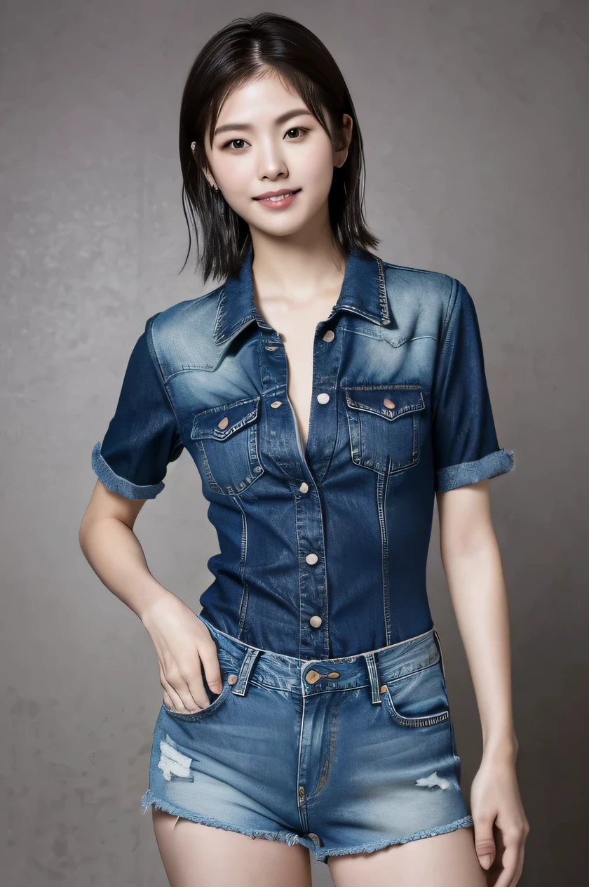 The beauty of 8K raw photos:2.0, Japanese woman, short hair, beautiful face and dark eyes, looking up, looking at the viewer:1.5, big smile, wet hair, tiny top, put hands on the hip, (denim shorts:1.2), shinny skin, realistic:1.9, very detailed, cowboy shot from bottom:1.2, High resolution RAW color photos, professional photos, mono color wallpaper, standing,