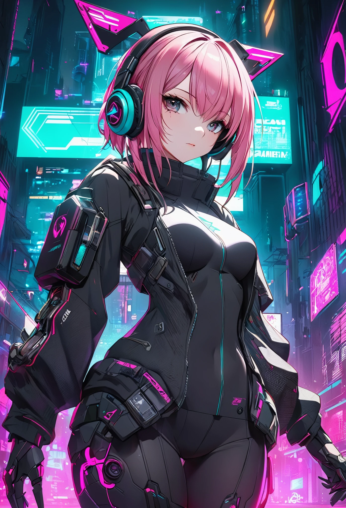 A woman in a futuristic outfit with headphones and a pink hair - SeaArt AI