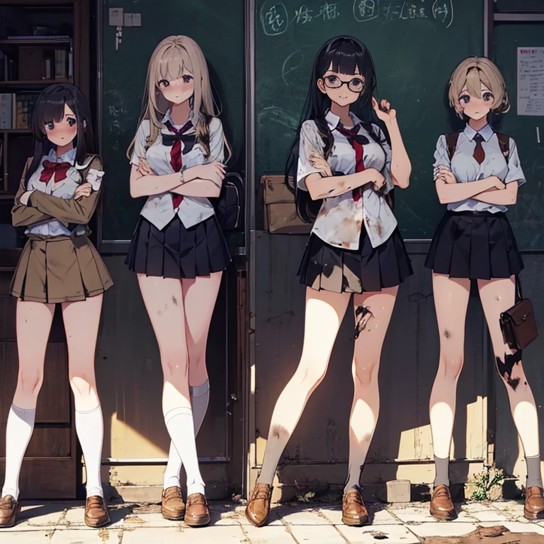 A group of female students, (in classroom), various hair styles, harem, post apocalyptic, details face, short skirt, seducing, school uniforms, dirty body, shattered glass, torn clothing