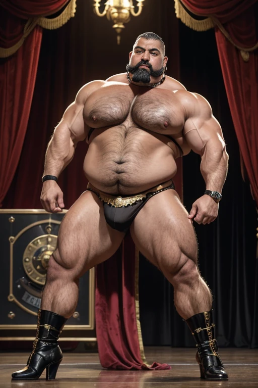  Hyperrealistic image of an elderly 19th century French steampunk pole dancer superhero with bare torso combed gray hair and huge handlebar mustaches A super heavy bodybuilder flexing his muscles A full body obese bodybuilder with a very sweaty body An extremely muscular and extremely fat man over 70 years old weighing over 600 pounds a very hairy muscular man with very big legs and large pectoral droops, dark nipples and gynecomastia on the stage of a steampunk theater with red velvet curtains and gold fringes dressed in a black satin thong black lace stockings on the legs black very high heels  