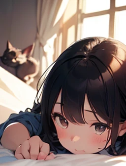 masterpiece, 最high quality, (((Girl lying face down)))、((Cat lying on head))、, Beautiful details, Beautiful and sophisticated cat,, very fine fur, Soft and fluffy, Adorable, Playful, Curious look, Long Hair Girl, Girl looking up at cat, Intricate details, high quality, 8k, Realistic, masterpiece, Natural light, Warm tones