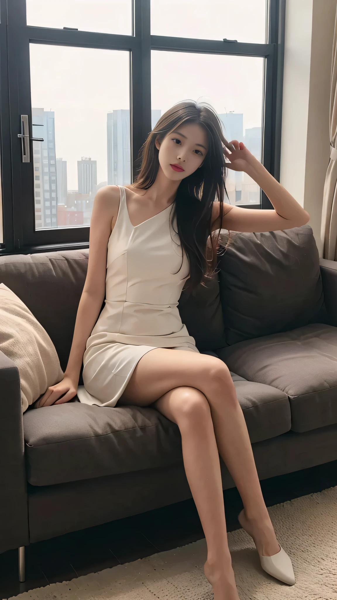 1girl in,Sitting on a cozy sofa,cross one's legs,Soft light,Chinese beauty, white dress,A dark-haired,length hair