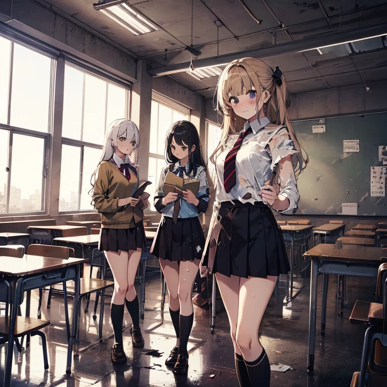 A group of  female students, (in classroom), various hair styles, harem, post apocalyptic, details face, short skirt, seducing, school uniforms, dirty body, shattered glass, torn clothing 