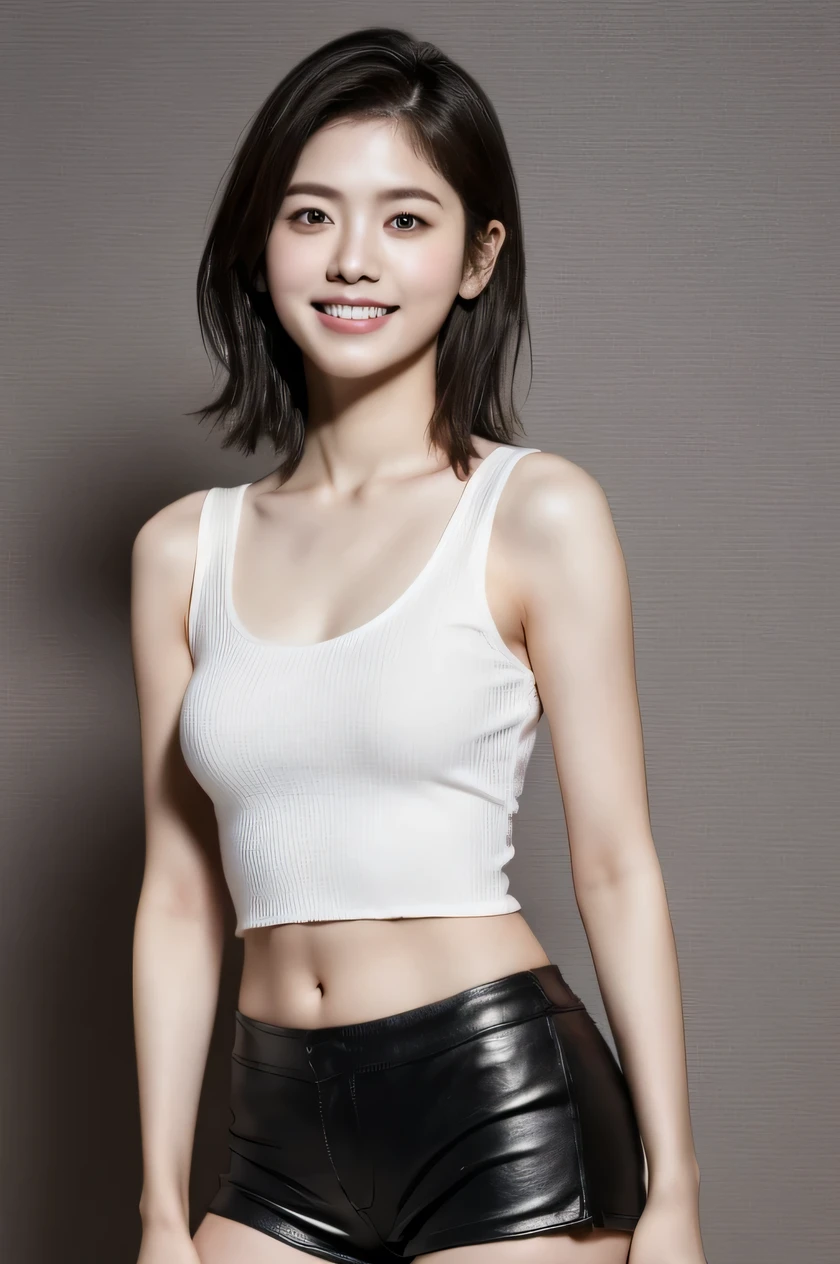 The beauty of 8K raw photos:2.0, Japanese woman, short hair, beautiful face and dark eyes, looking up, looking at the viewer:1.5, big smile, wet hair, tiny top, put hands on the hip, (leather shorts:1.2), shinny skin, realistic:1.9, very detailed, cowboy shot from bottom:1.2, High resolution RAW color photos, professional photos, mono color wallpaper, standing,