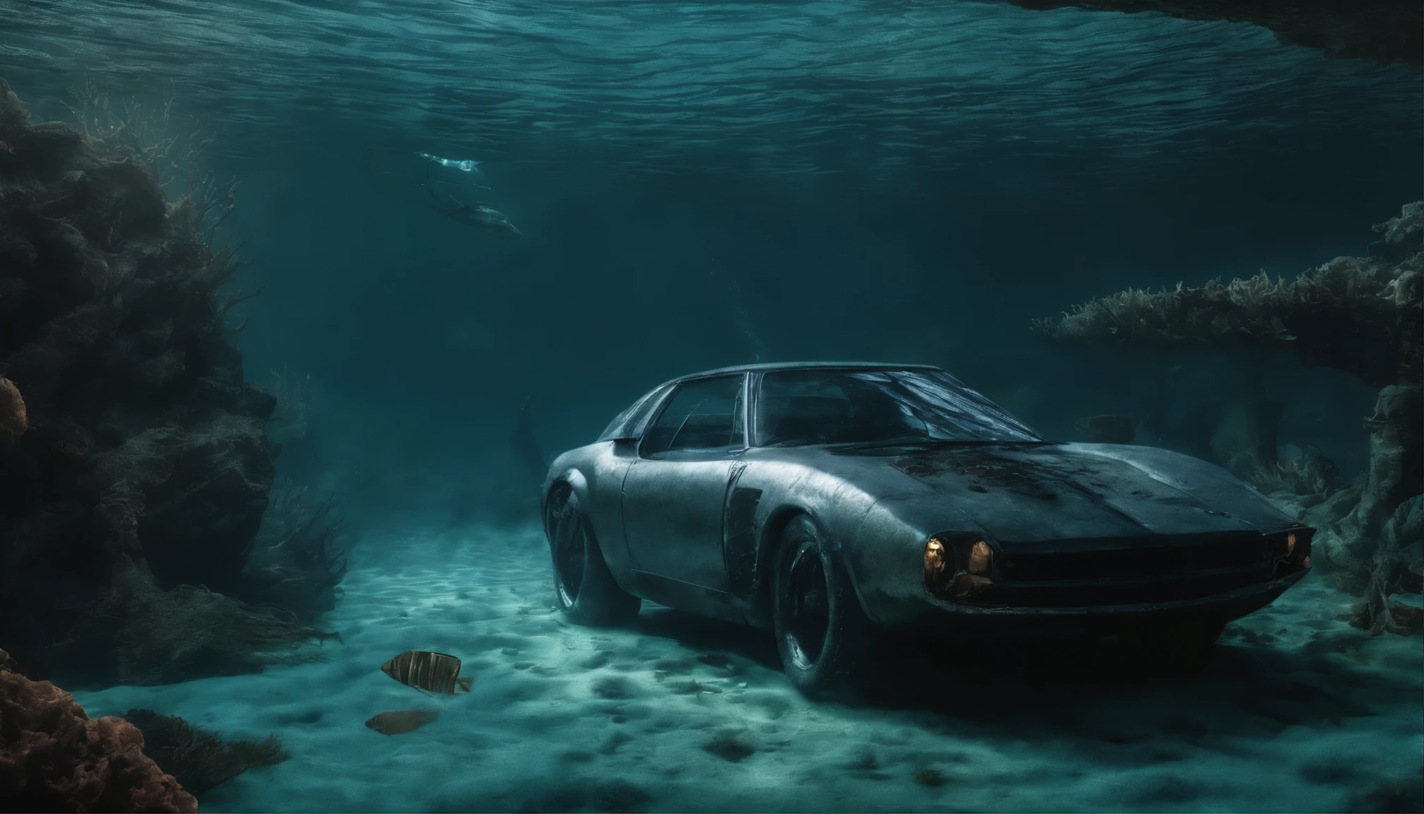 There&#39;s a sports car at the bottom of the ocean, surrounded by marine life. Light breaks through the water, creating mystical lighting. The car is partially covered with seaweed and coral, which emphasizes his prolonged stay under water. A variety of fish and other marine life swim around.

Details for creating a picture:

Main object:

sports car (Sports car).
Clean lines and modern car design, but with elements of corrosion and fouling by algae and corals.
ambient:

Ocean floor, covered with sand and stones.
Marine flora: algae, armed, sea grass.
Marine fauna: various types of fish, Maybe, small sharks, Jellyfish.
Lighting & Atmosphere:

Scattered light, penetrating through the water from above, creating soft light rays.
Shadows & Depth, giving the image realism.
Bluish and greenish shades, characteristic of the underwater environment.
Additional elements (Optional):

Shipwrecks or old chests in the distance to add ambience.
little air bubbles, rising from the car.
Style and mood:

Realistic style with high detail.
Mystical and slightly mysterious atmosphere.
Combination of modern and natural.
Technical specifications:

a high resolution.
Realistic stylization.
Detailed elements of the car and the underwater world.
Effective use of light and shadow to create depth and realism.