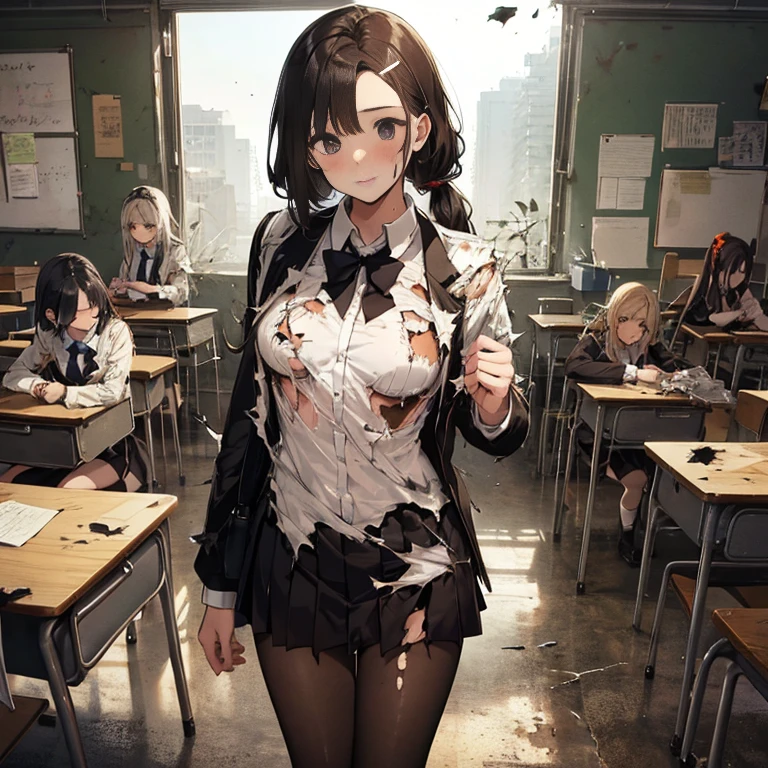 A group of female students, (in classroom), various hair styles, harem, post apocalyptic, details face, seducing, school uniforms, dirty body, shattered glass, torn clothing