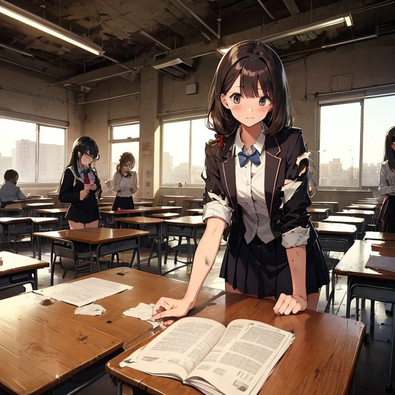 A group of female students, (in classroom), various hair styles, harem, post apocalyptic, details face, seducing, school uniforms, dirty body, shattered glass, torn clothing