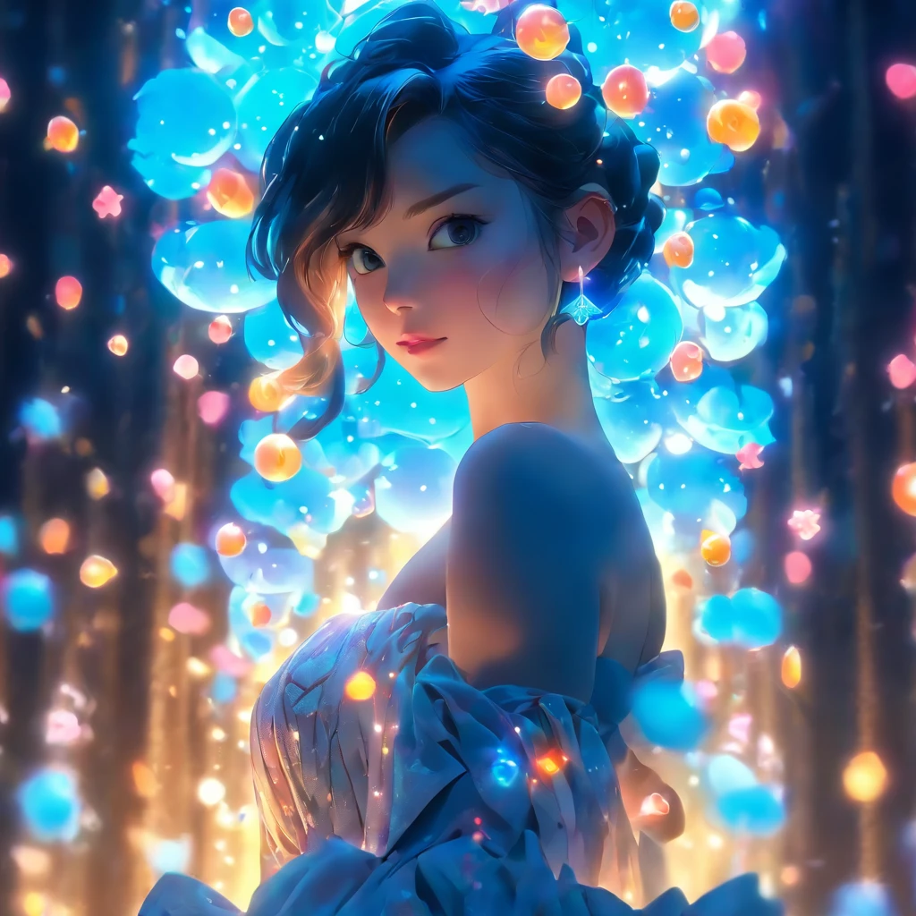(by Kodachrome 64:1.3), bluescale, photo, upper body, HDR, hyper detailed, 4k, highly detailed, Countless Bubbles Universe background, Kaleidoscope bubbles, Projection mapping, Photogenic, Vivid and rich color palette
BREAK, 1girl, solo, long hair, black hair, hair ornament, dress, bare shoulders, jewelry, braid, flower, earrings, hair flower, single braid, strapless, blue dress, strapless dress, blurry, Rim Light, Smooth transition, Glow effect, Beautiful contrast, unique composition, ephemeral beauty, ethereal world, sophisticated aesthetic sense combined with distinctive sensibility, fusion of Japanese and Western aesthetics.