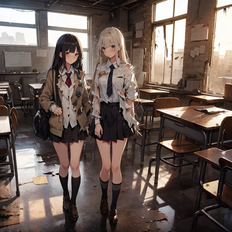 A group of female students, (in classroom), various hair styles, harem, post apocalyptic, details face, short skirt, seducing, school uniforms, dirty body, shattered glass, torn clothing