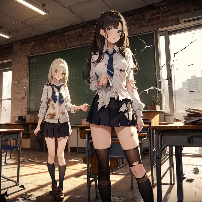 A group of  female students, (in classroom), various hair styles, harem, post apocalyptic, details face, short skirt, seducing, school uniforms, dirty body, shattered glass, torn clothing 