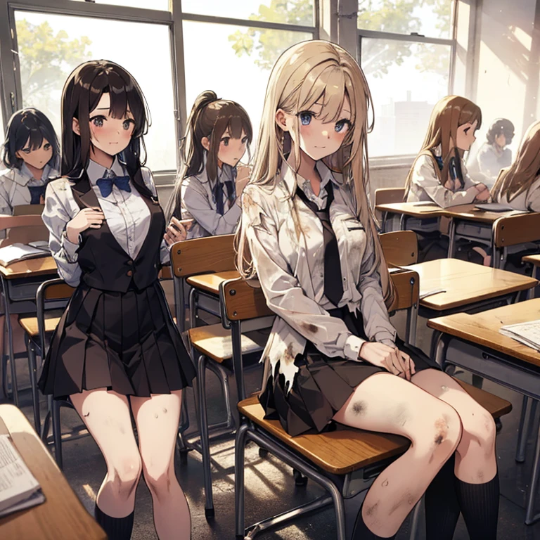 A group of  female students, (in classroom), various hair styles, harem, post apocalyptic, details face, short skirt, seducing, school uniforms, dirty body, shattered glass, torn clothing 