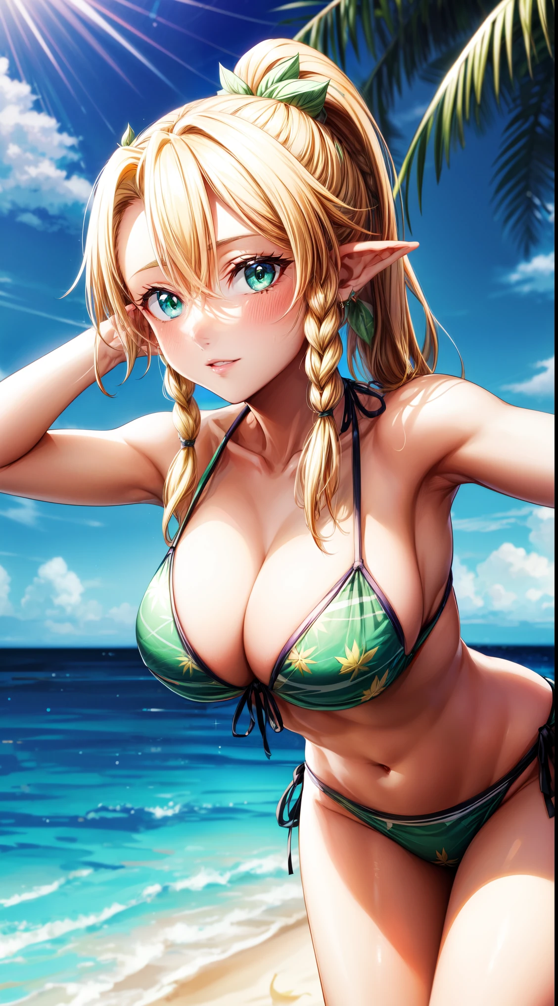 anime, beautiful face, highly detailed face, purple detailed eye, highly detailed beach background, best lighting, no shadows, 1girl, solo, outdoors, (((leafa))), blonde hair, long hair, green eyes, pointy ears,twin braids, hair between eyes,ponytail, very long hair,side braid, absurdres, high res, ultrasharp, 8K, masterpiece, looking at viewer, BREAK (detailed sexy beach bikini:1.3), (sexy pose:1.2), (hands behind head:1.3), (close up:1.2), (leaning forward:1.2)