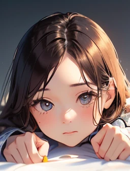 masterpiece, 最high quality, (((Girl lying face down)))、((Cat lying on head))、, Beautiful details, Beautiful and sophisticated cat,, very fine fur, Soft and fluffy, Adorable, Playful, Curious look, Long Hair Girl, Girl looking up at cat, Intricate details, high quality, 8k, Realistic, masterpiece, Natural light, Warm tones