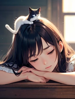 masterpiece, 最high quality, (((Girl lying face down)))、((Cat lying on head))、, Beautiful details, Beautiful and sophisticated cat,, very fine fur, Soft and fluffy, Adorable, Playful, Curious look, Long Hair Girl, Girl looking up at cat, Intricate details, high quality, 8k, Realistic, masterpiece, Natural light, Warm tones