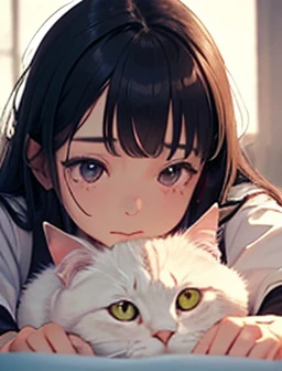 masterpiece, 最high quality, (((Girl lying face down)))、((Cat lying on head))、, Beautiful details, Beautiful and sophisticated cat,, very fine fur, Soft and fluffy, Adorable, Playful, Curious look, Long Hair Girl, Girl looking up at cat, Intricate details, high quality, 8k, Realistic, masterpiece, Natural light, Warm tones