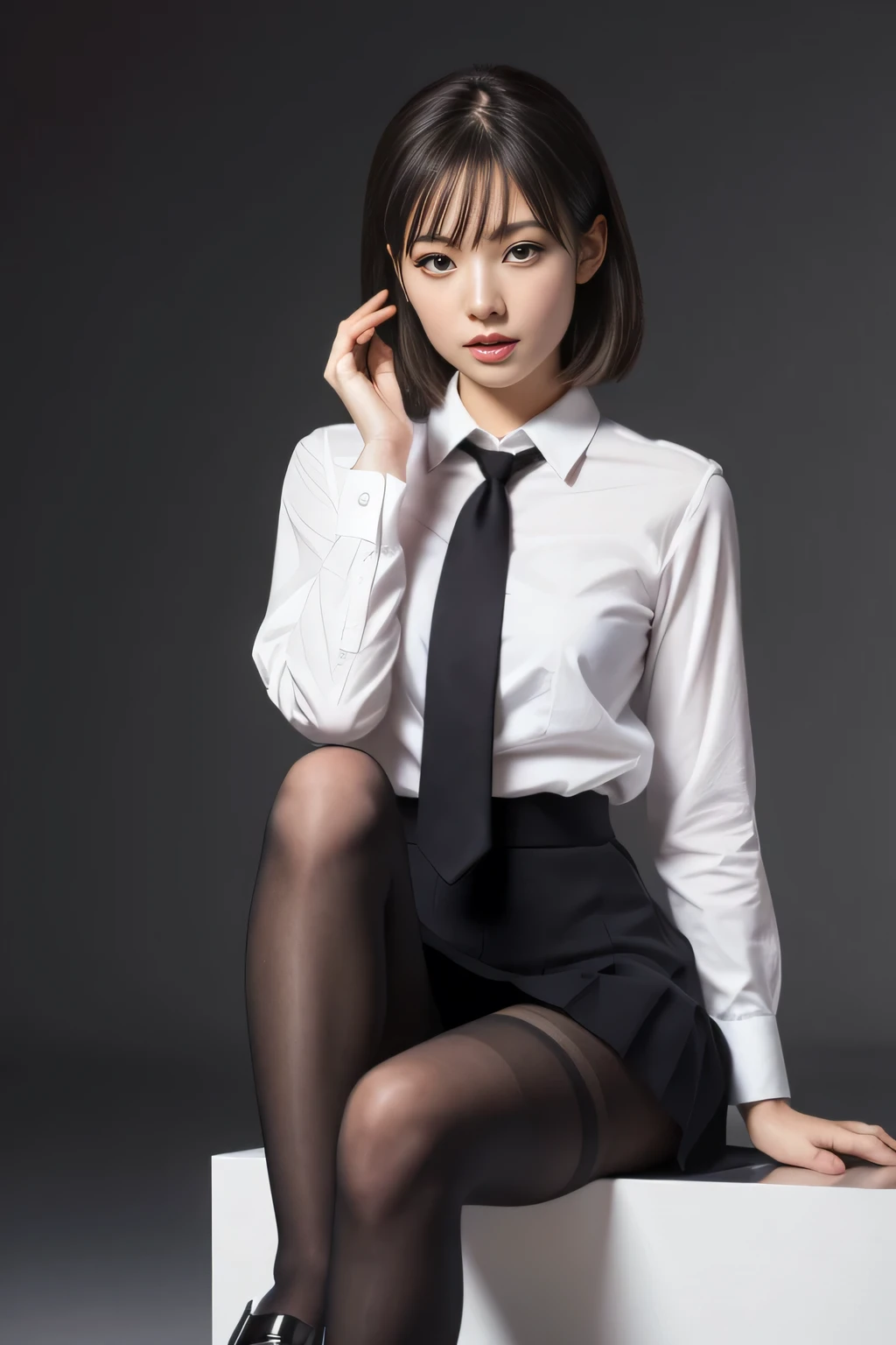 beautiful meticulous girl, very detailed eyes and face, beautiful detailed eyes, ridiculous, incredibly ridiculous, huge file size, super detailed, high resolution, very detailed, best quality, masterpiece, kemomimi, ((Japanese girls' high school uniform)), illustration, very detailed, CG, unity, 8k wallpaper, amazing, fine details, masterpiece, best quality, very detailed CG uniform 8k wallpaper, face light, movie lighting, 1girl, 16 years, (without panties) ), (((dynamic pose))), (camel toe), (half), (pantyhose), (bent knee and leg sitting))