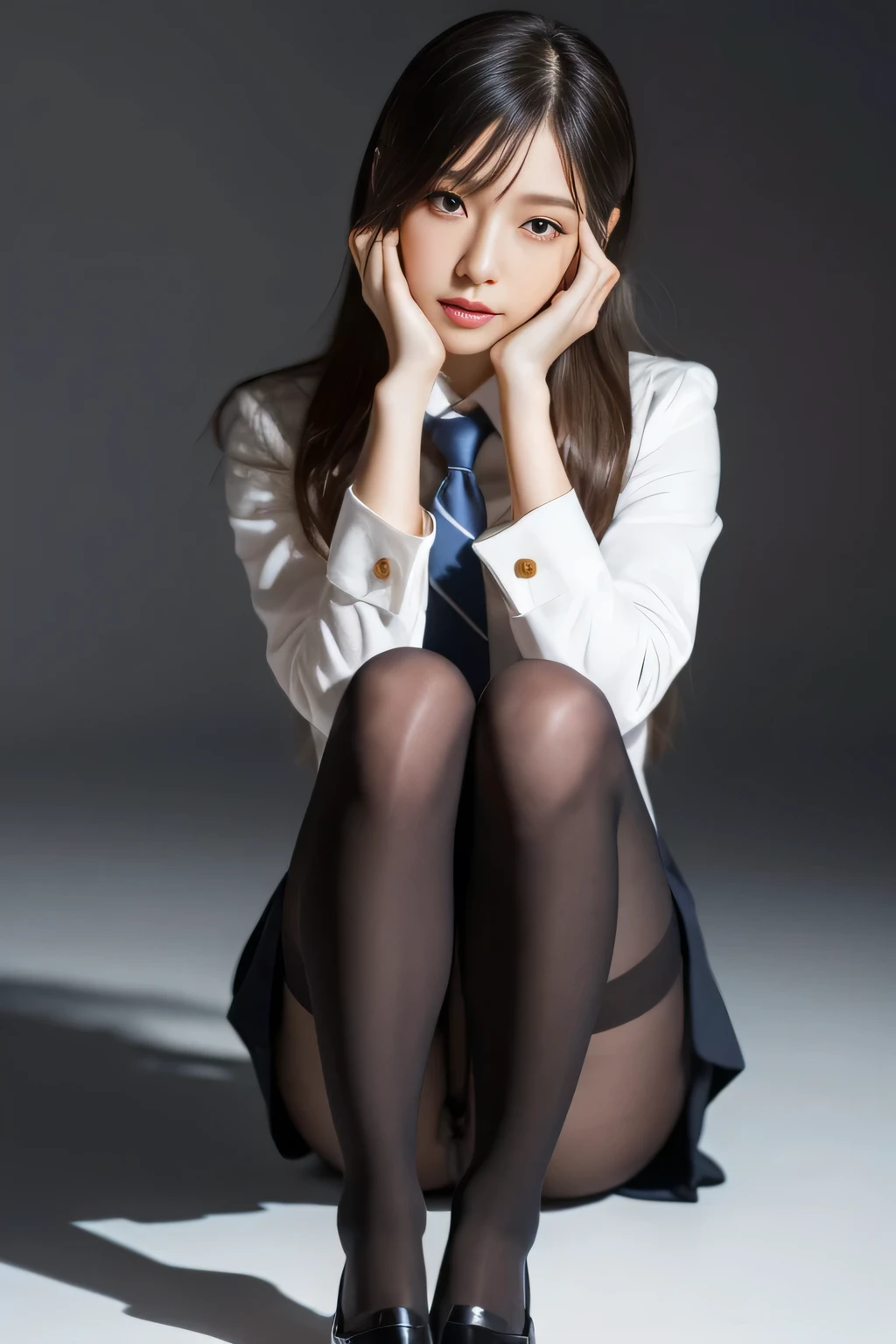 beautiful meticulous girl, very detailed eyes and face, beautiful detailed eyes, ridiculous, incredibly ridiculous, huge file size, super detailed, high resolution, very detailed, best quality, masterpiece, kemomimi, ((Japanese girls' high school uniform)), illustration, very detailed, CG, unity, 8k wallpaper, amazing, fine details, masterpiece, best quality, very detailed CG uniform 8k wallpaper, face light, movie lighting, 1girl, 16 years, (without panties) ), (((dynamic pose))), (camel toe), (half), (pantyhose), (bent knee and leg sitting))