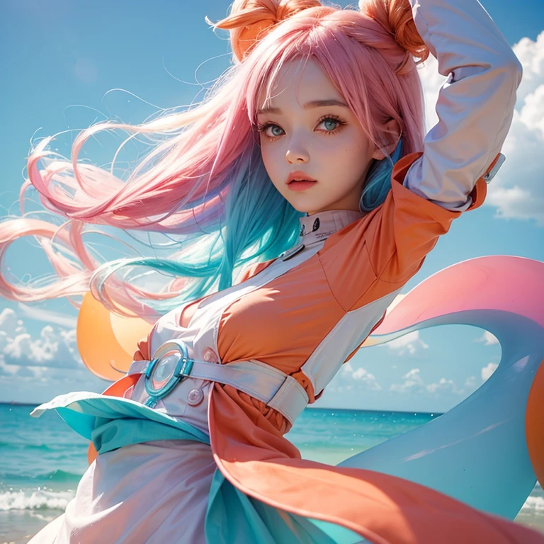 Girl with Pink and Blue hair in Orange and White Pastel Dreamlike Whimsy Cool Futuristic Minimalism