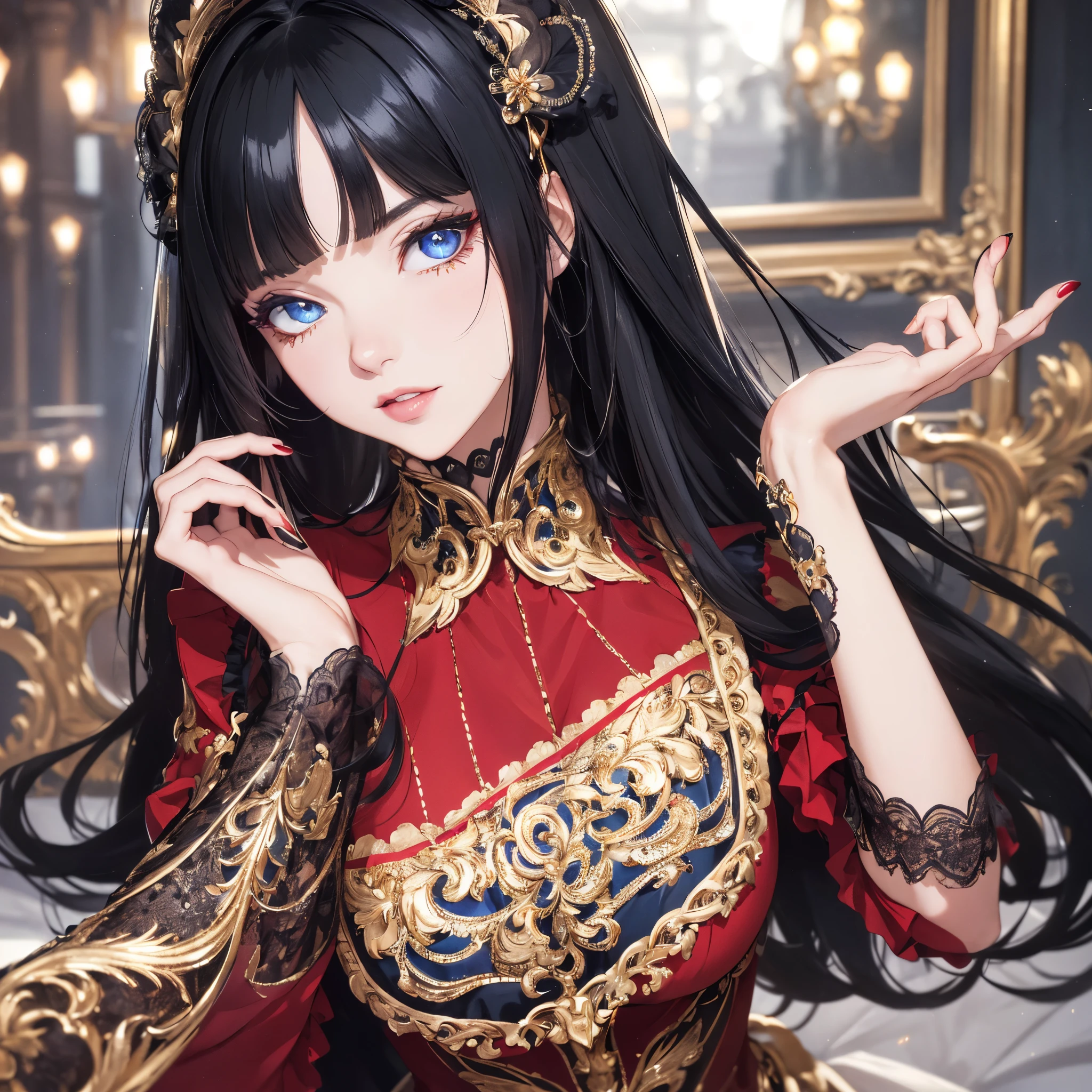 absurderes, ultra-detailliert,bright colour,(in 8K:1.3),masuter piece,extremely beautiful detailed face and eyes, 25 years old,(Smooth straight black hair), (Shiny long hair),(Pattsun bangs), (Deep blue eyes) Delicate beautiful face, red blush, (wearing baroque, lolita) Natural Nice Spot, glitters, shining, dancing.