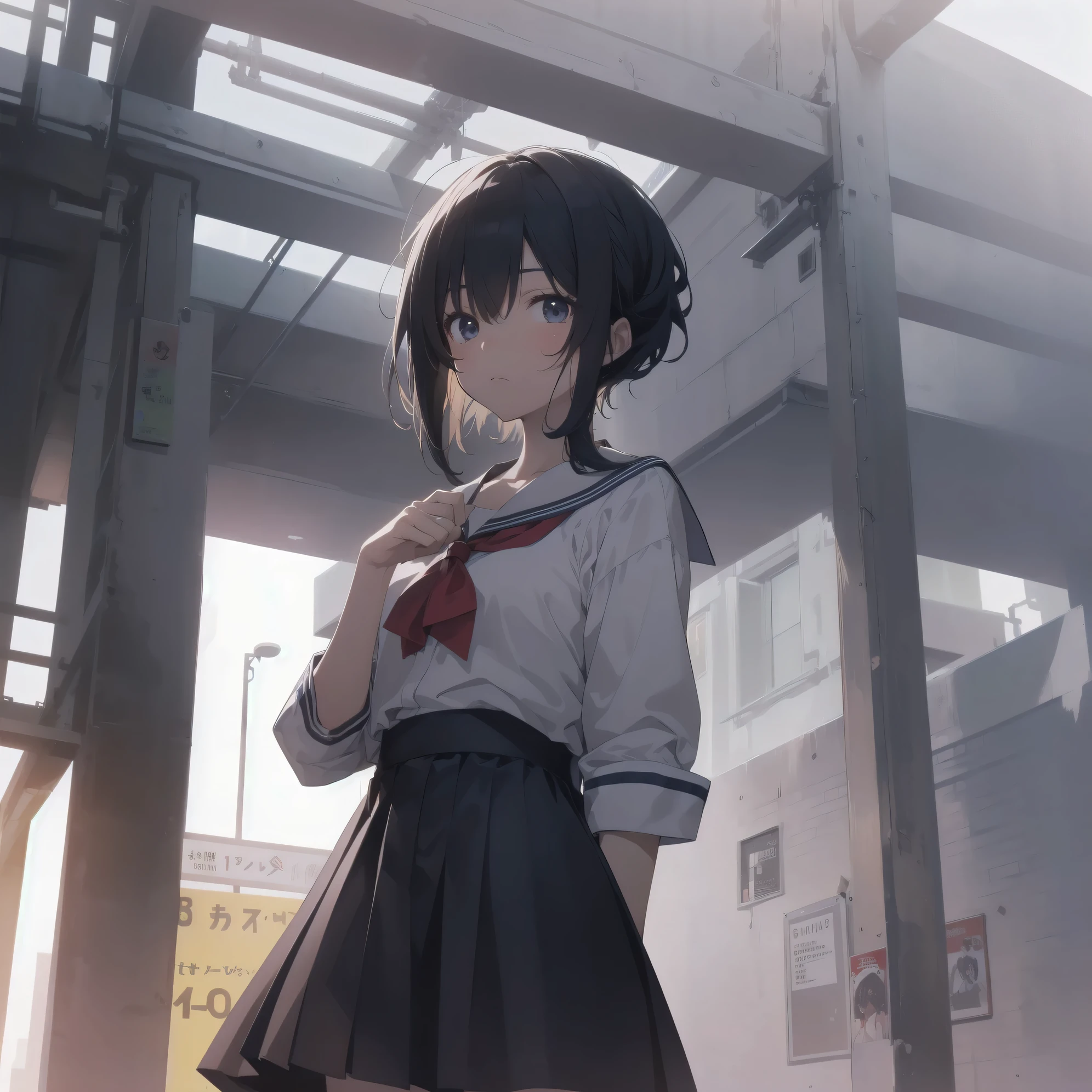 ultra-absurdres-Top quality by artist God, ultra-detailed, high resolution, anime moe artstyle, best anime 8k konachan wallpaper, pixiv contest winner, pool:2810, perfect anatomy,break, 1girl, (Please draw a girl walking sleepily to school alone. )break,(Solo,little female, 13-year-old:1.3),Full limbs, complete fingers,a junior high school student, (very short hair), short cut, flat chest, , small butt, small black eyes, beautiful detailed eyes, well-proportioned iris and pupils, expressive eyes, highres detailed hair, soft expression, salor school_uniform, sailor collar, serahuku, bow, pleated skirt,(Detailed Lighting), (Detailed background), in the School commute route. break,super detailed skin, Best cinematic lighting powered by famous artist, 8k,beauty illustration,photoshop_(medium),very aesthetic,break,((artist:nyantcha )), artist:clamp ,artist:carnelian ,artist:kantoku ,