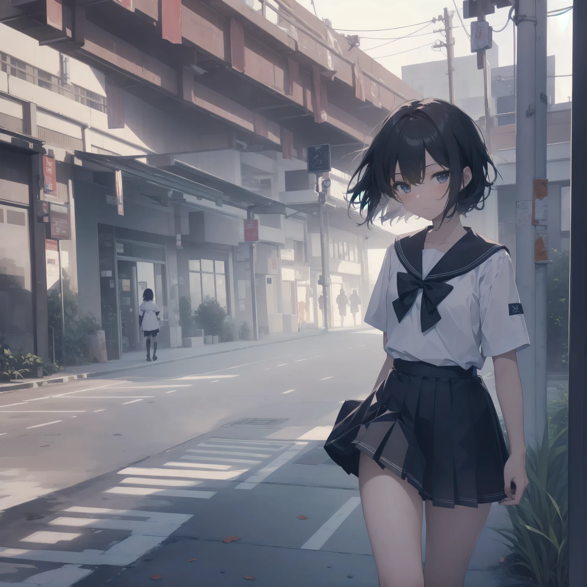 ultra-absurdres-Top quality by artist God, ultra-detailed, high resolution, anime moe artstyle, best anime 8k konachan wallpaper, pixiv contest winner, pool:2810, perfect anatomy,break, 1girl, (Please draw a girl walking sleepily to school alone. )break,(Solo,little female, 13-year-old:1.3),Full limbs, complete fingers,a junior high school student, (very short hair), short cut, flat chest, , small butt, small black eyes, beautiful detailed eyes, well-proportioned iris and pupils, expressive eyes, highres detailed hair, soft expression, salor school_uniform, sailor collar, serahuku, bow, pleated skirt,(Detailed Lighting), (Detailed background), in the School commute route. break,super detailed skin, Best cinematic lighting powered by famous artist, 8k,beauty illustration,photoshop_(medium),very aesthetic,break,((artist:nyantcha )), artist:clamp ,artist:carnelian ,artist:kantoku ,