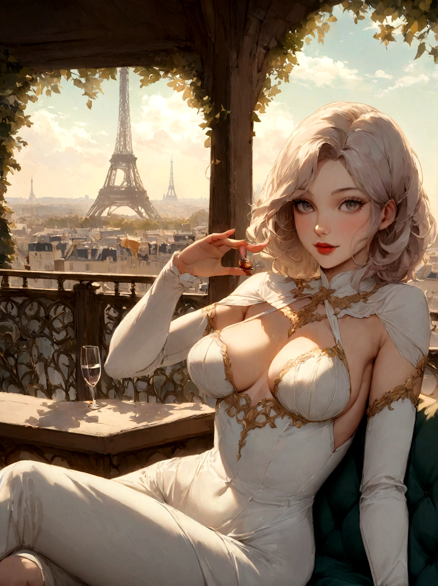 Attractive near the Eiffel Tower, cheveux blonds, sac attrayant, Derrière le soleil, Vue attrayante,Prise de vue moyenne, bois un verre de vin assise sur une chaise sur une terrasse en haut d'un immeuble avec une vue sur paris, Elle porte un haut blanc décolleté. tout le corps est visible, Elle porte un jean moulant. D cup breast size and large realistic buttock with human features