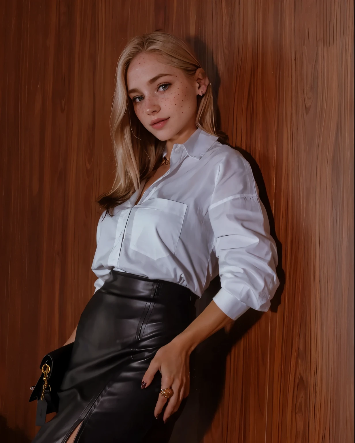 mulher, americana, 25 anos, pale skin and freckles, olhos cinzas, nariz delicado, soft and delicate lips, longo, cabelo blondie longo e ondulado na altura da cintura, sorriso meigo, face with delicate feminine facial features, altamente renderizado