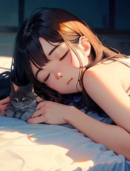 masterpiece, 最high quality, (((Girl lying face down)))、((Cat lying on head))、, Beautiful details, Beautiful and sophisticated cat,, very fine fur, Soft and fluffy, Adorable, Playful, Curious look, Long Hair Girl, Girl looking up at cat, Intricate details, high quality, 8k, Realistic, masterpiece, Natural light, Warm tones